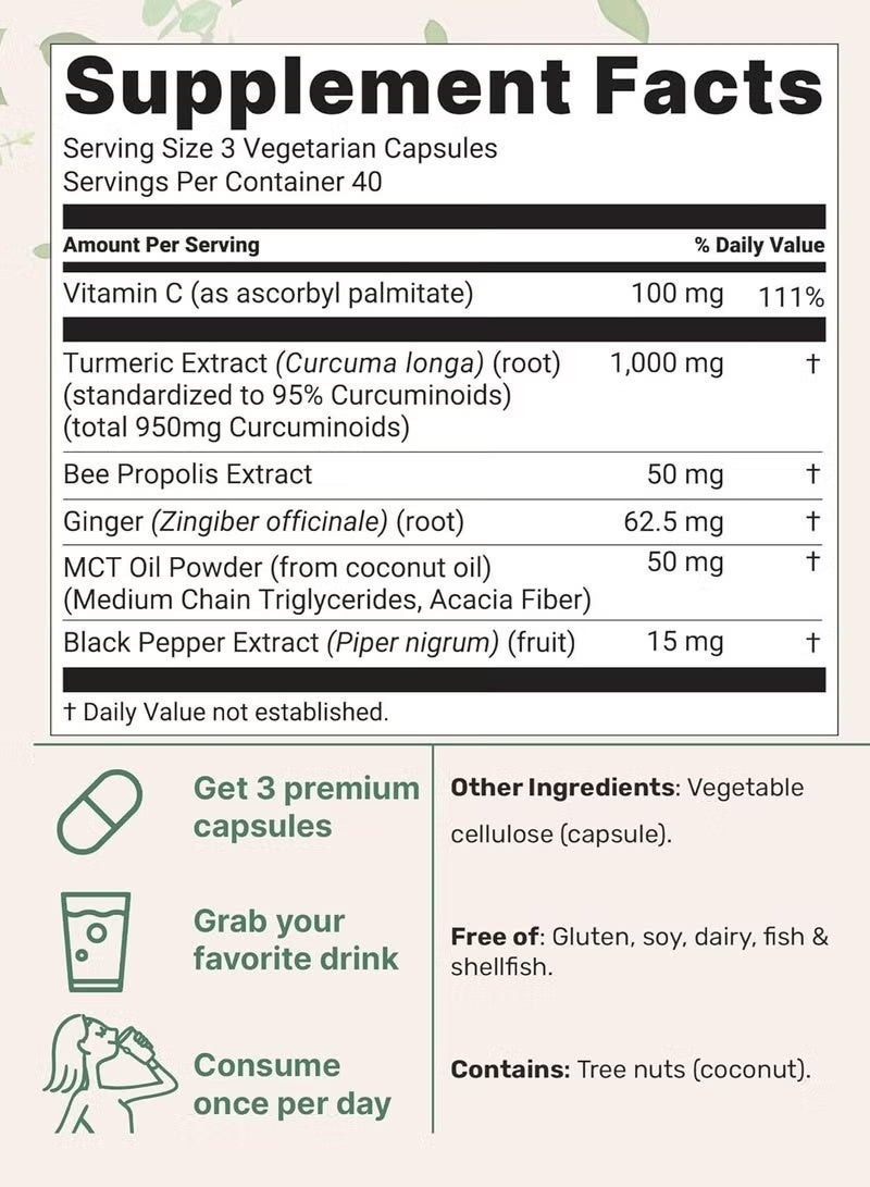 Micro Ingredients Turmeric Curcumin Supplement 1,000mg, 120 Veggie Capsules | 95% Curcuminoids with Bee Propolis, MCT Oil, Vitamin C & Black Pepper | Enhanced Absorption | Vegan, Non-GMO, Filler Free - Image 2